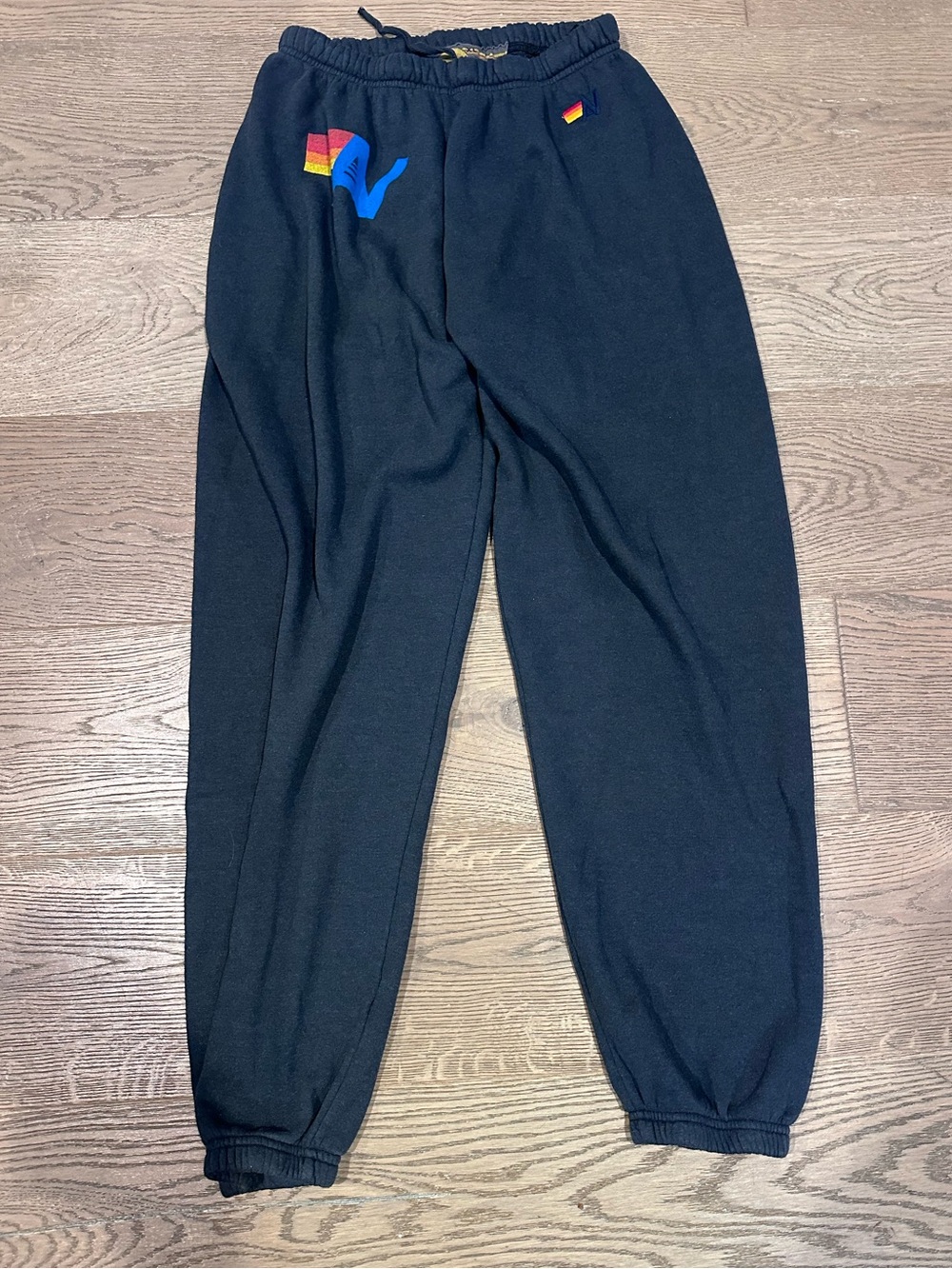 Aviator Nation Black Joggers with Rainbow Stripe & Blue Logo